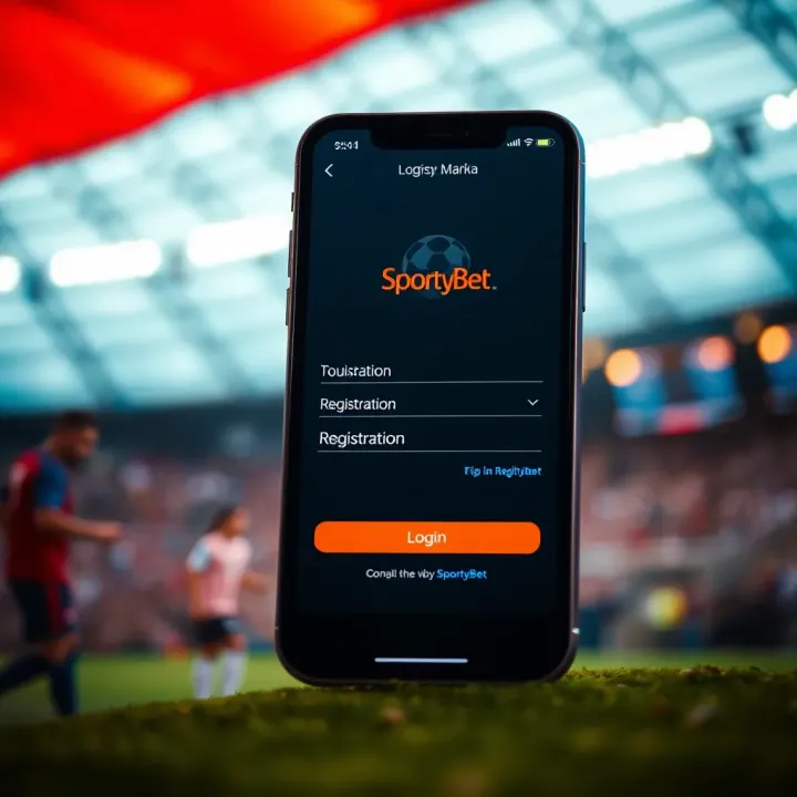 Illustration of mobile screen showing login and registration options on a retro-style SportyBet mobile app