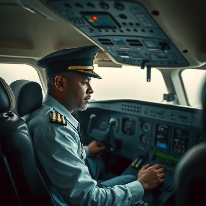 Pilot navigating a commercial airplane cockpit with advanced flight instruments