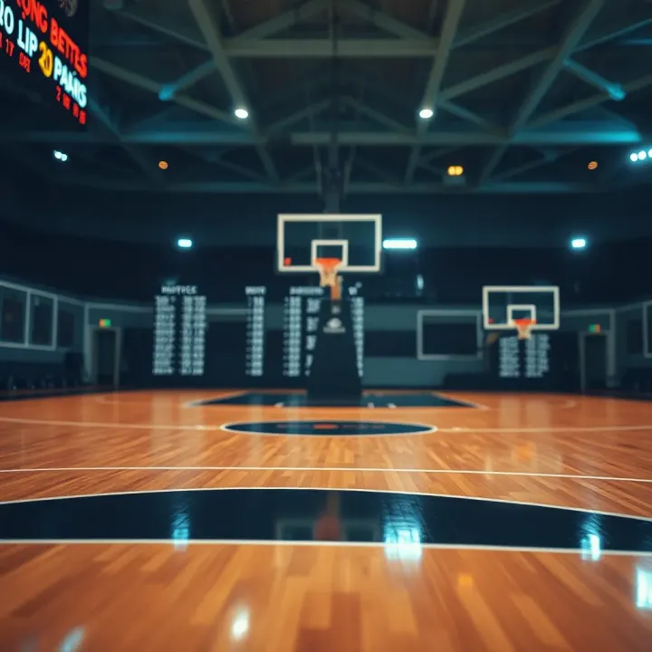Basketball court with digital betting odds overlay illustrating online basketball betting platform