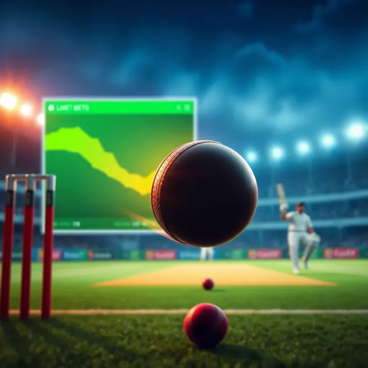 Illustration showing a cricket ball flying towards wickets with a digital betting interface overlay