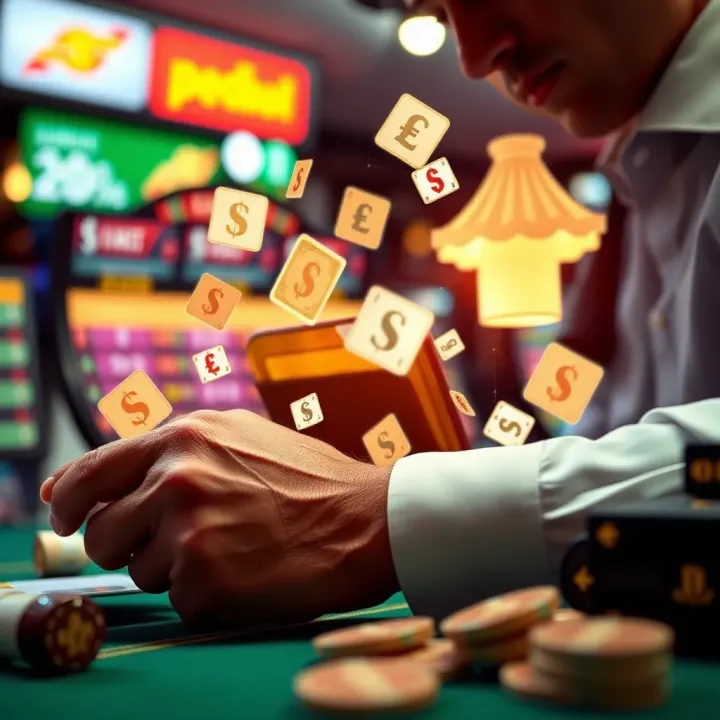 Illustration of a person managing a digital wallet with currency symbols and betting icons