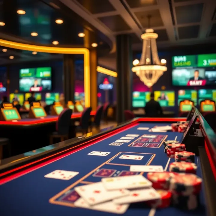 Live dealer gaming table with digital interface showing cards and chips