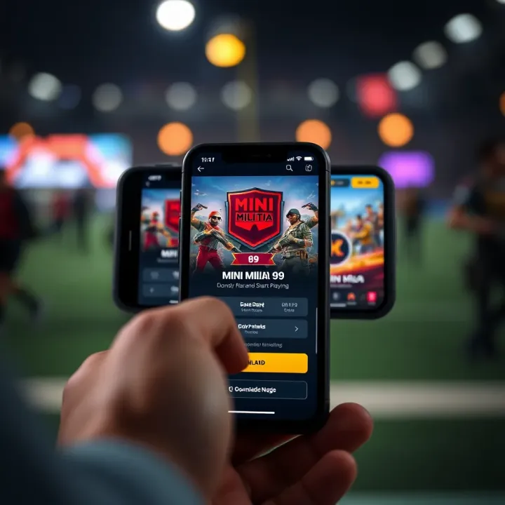 User interface displaying the Mini Militia 69 game download page on a mobile device