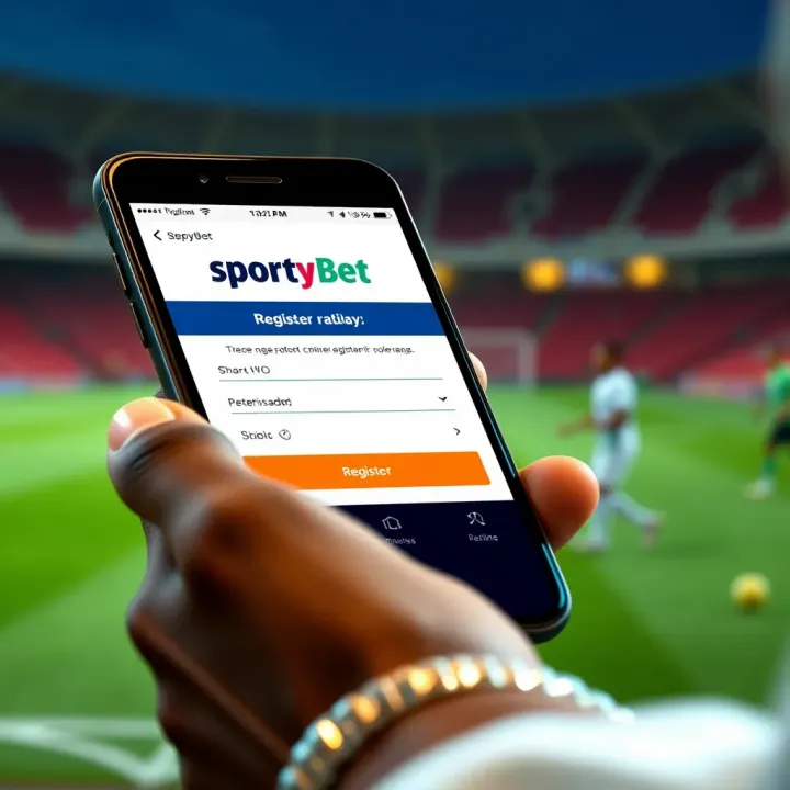 Mobile phone screen displaying SportyBet registration form with user entering details