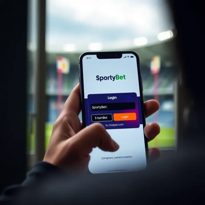 Mobile phone displaying SportyBet login screen with secure login indicators