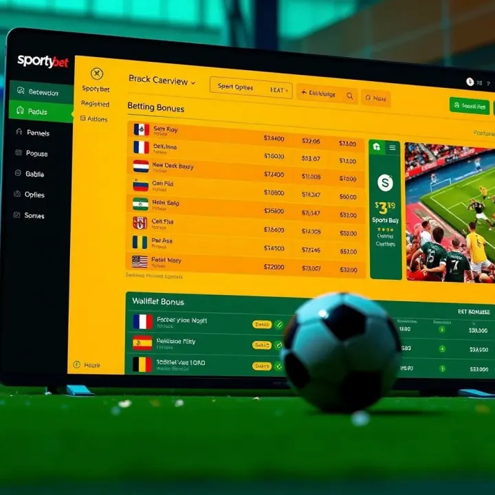 Dashboard showing various sports betting options and available bonuses on SportyBet platform