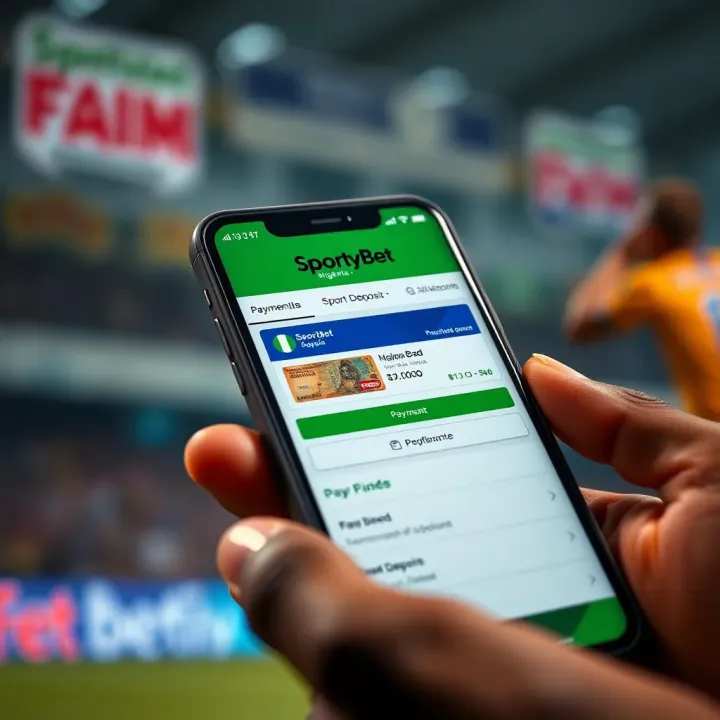 Mobile phone displaying the SportyBet app with Nigerian currency and payment options