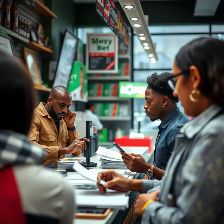 Effective Customer Engagement and Daily Operations at My Shop SportyBet A shop owner interacting with customers while managing betting slips and transactions at a counter