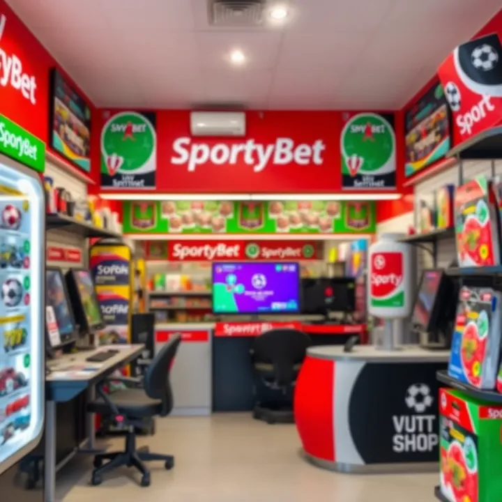 A well-organized SportyBet retail shop showcasing betting terminals and promotional materials
