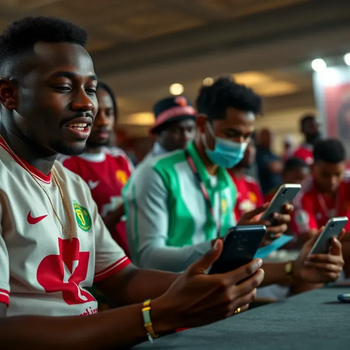 Fan Engagement with Manchester United and SportyBet in Nigeria Excited Nigerian football fans engaging with Manchester United content and SportyBet promotions on mobile devices