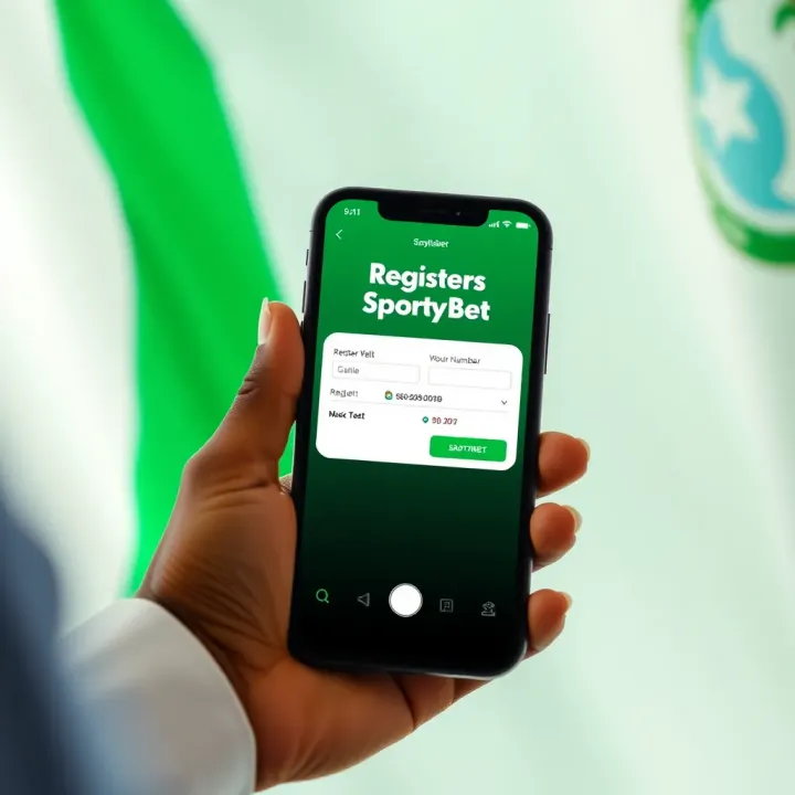 Mobile phone showing SportyBet registration screen with Nigerian flag background
