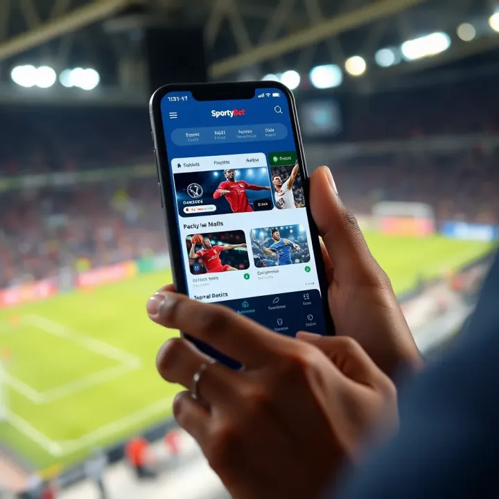 User navigating SportyBet app interface featuring football and basketball betting options