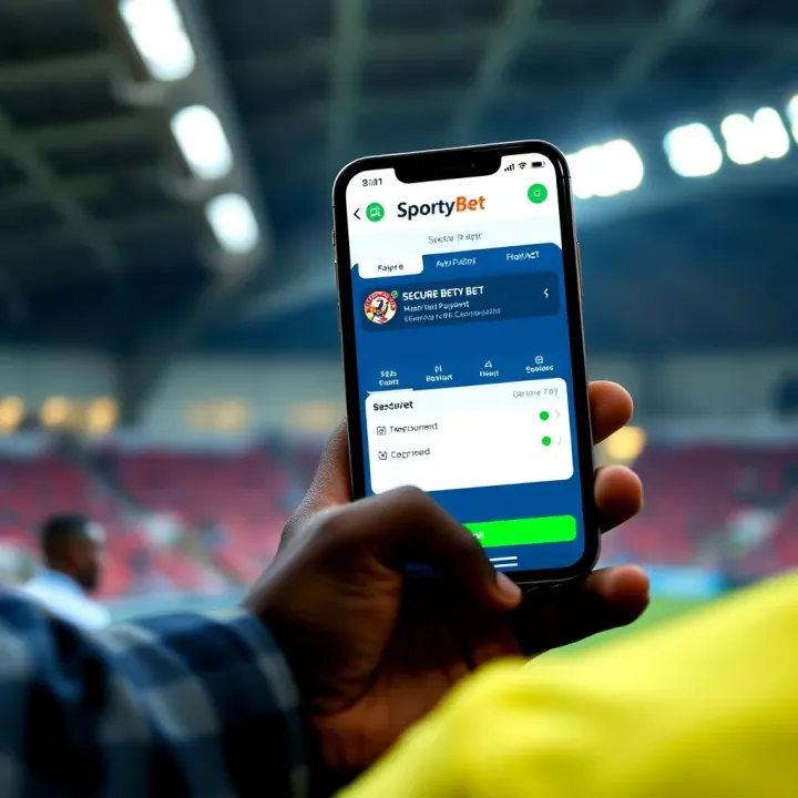 Mobile phone displaying SportyBet app with secure payment and registration features