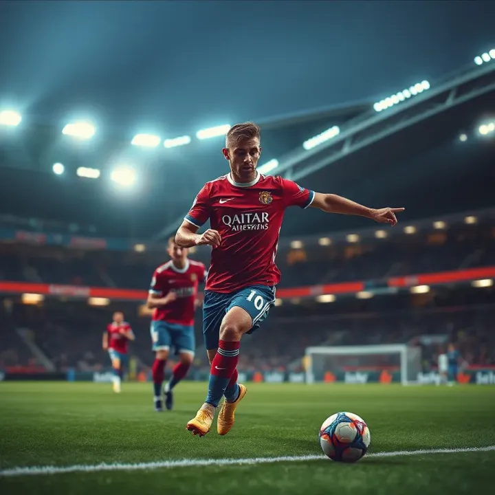 Football players competing in a Champions League match under stadium lights