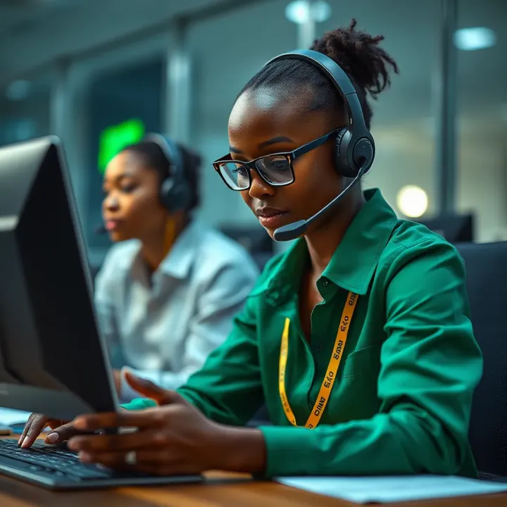 Customer service representative with headset assisting a caller