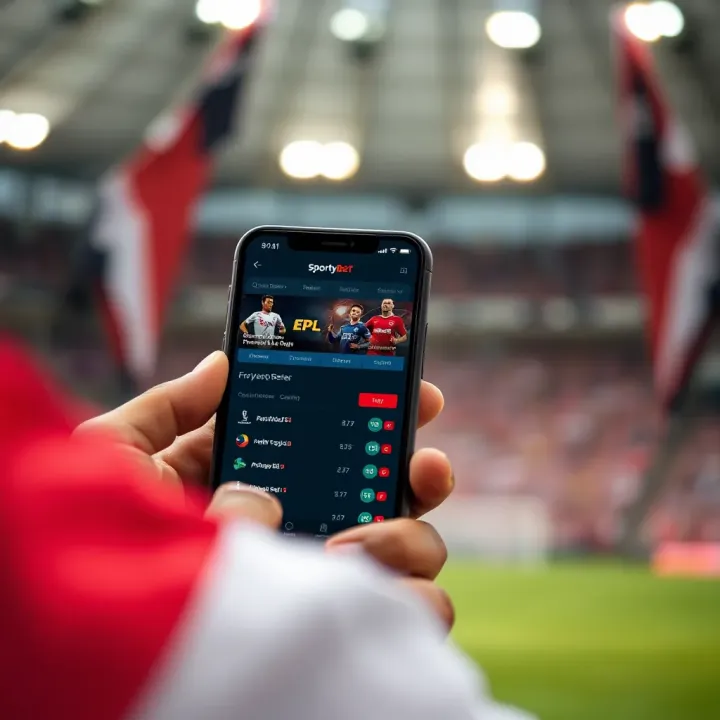 Mobile phone showing SportyBet app interface with English Premier League match betting options