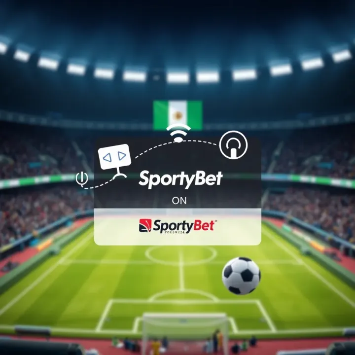 Graphic showing football stadium with digital streaming icons and Nigerian flag