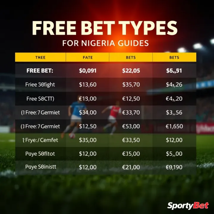 Graphic depicting various types of free bet options available on SportyBet platform with betting odds and Nigerian currency symbols