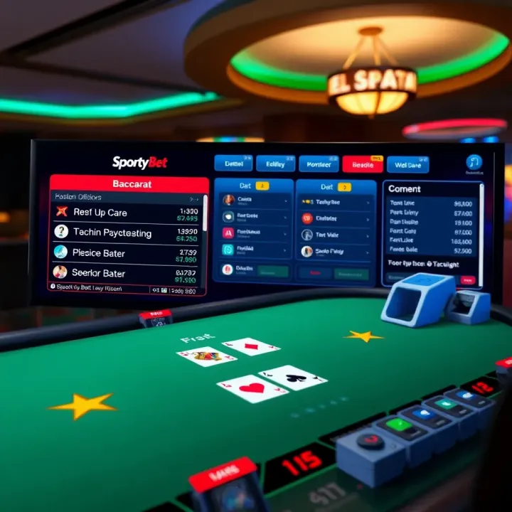 Digital interface showcasing SportyBet live baccarat game with virtual cards and betting options on screen