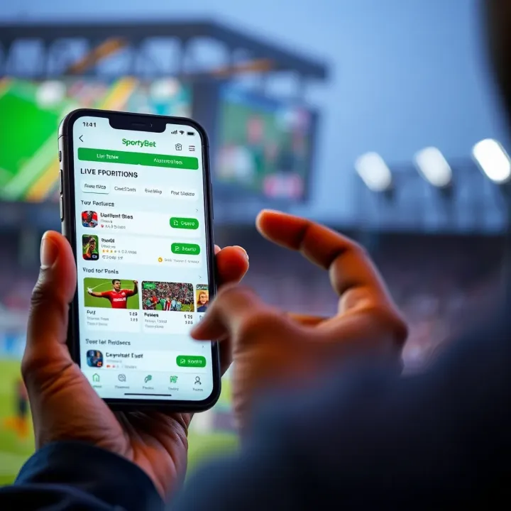 User navigating SportyBet mobile app showing live betting options and sports events