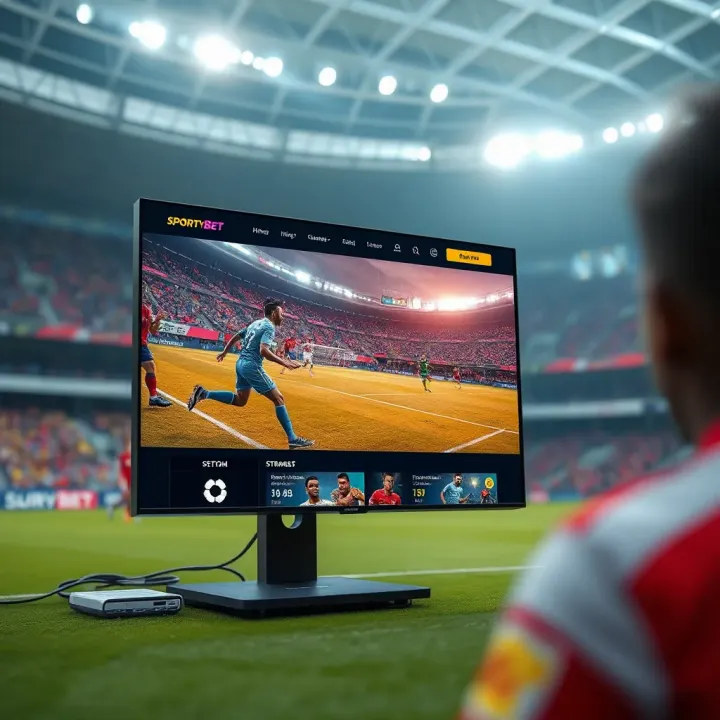 Football match live streaming on SportyBet platform showing vibrant stadium action