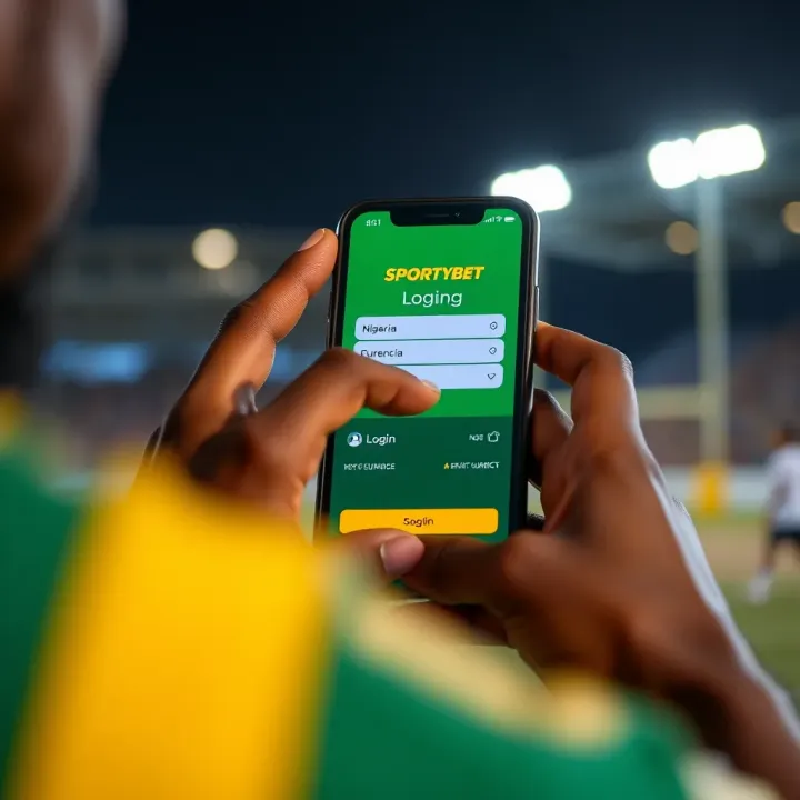 User navigating SportyBet login screen on a smartphone displaying Nigerian currency options