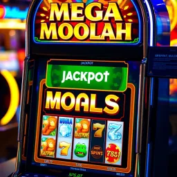 Slot machine screen displaying Mega Moolah jackpot and spinning reels