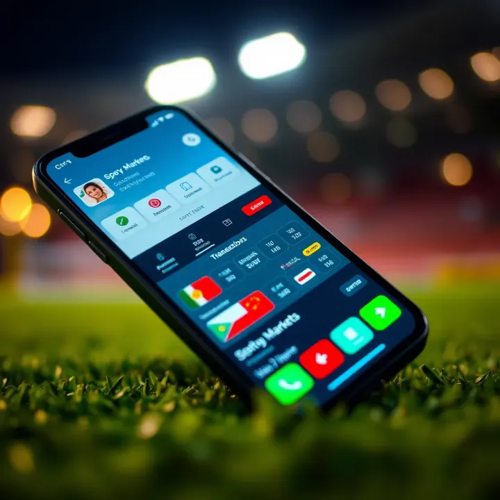 Illustration of mobile phone with SportyBet interface highlighting betting markets and transaction features
