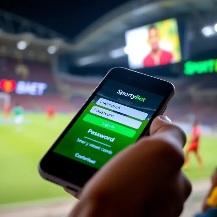 Mobile phone screen showing SportyBet mobile login page with username and password fields