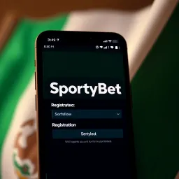 Mobile phone displaying SportyBet registration form with Nigerian flag in background