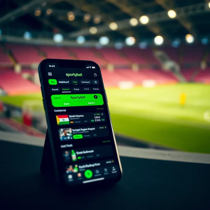 SportyBet Nigeria Mobile App Dashboard Mobile phone displaying SportyBet app dashboard with betting options