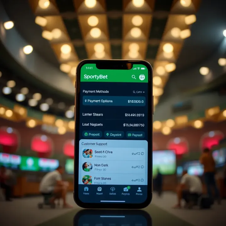 Mobile device showcasing SportyBet app features including deposit options and customer support