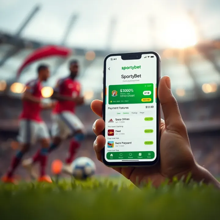 SportyBet Nigeria Mobile App and Payment Features Mobile phone displaying SportyBet app with secure payment options and betting features