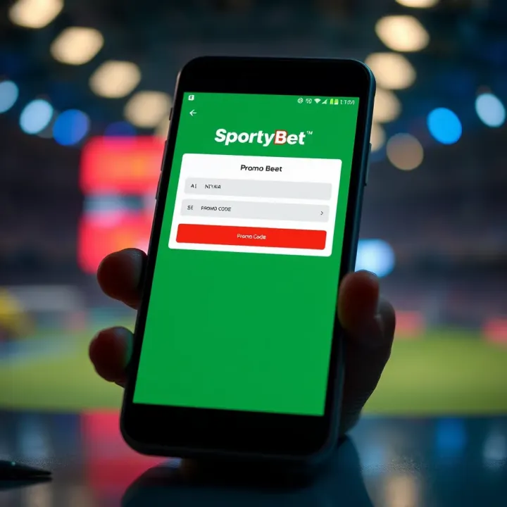 Illustration of a mobile phone displaying SportyBet Nigeria's betting app with highlighted promo code entry