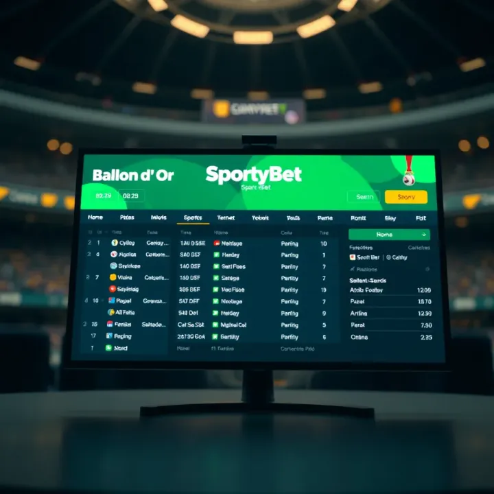 Digital interface displaying SportyBet platform with Ballon d'Or betting odds
