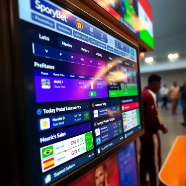 A vibrant digital interface showing SportyBet Premiership betting options alongside Nigerian Professional Football League match details