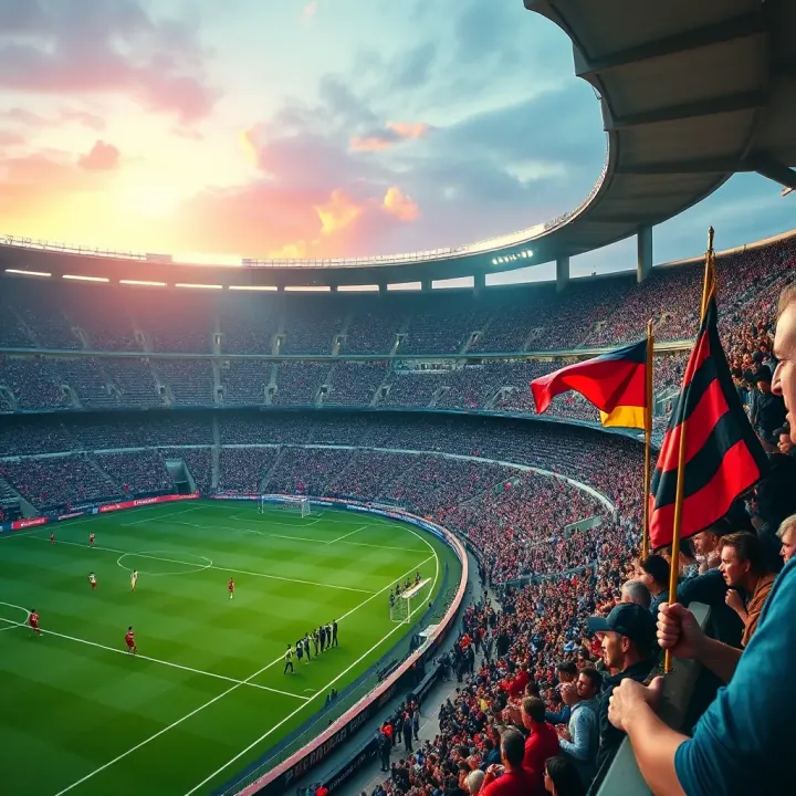 Overview of Serie A football stadium with vibrant team colors and enthusiastic crowd
