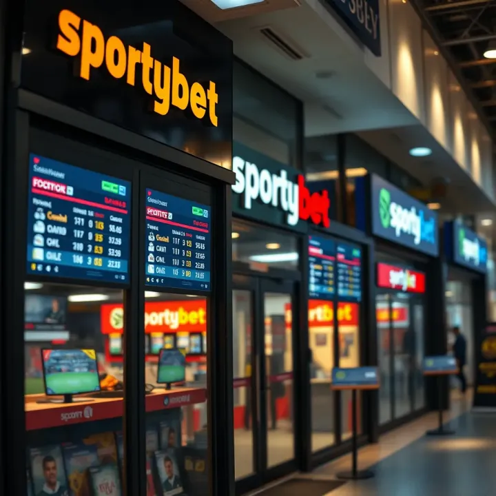 SportyBet shop storefront with digital displays showing live football scores