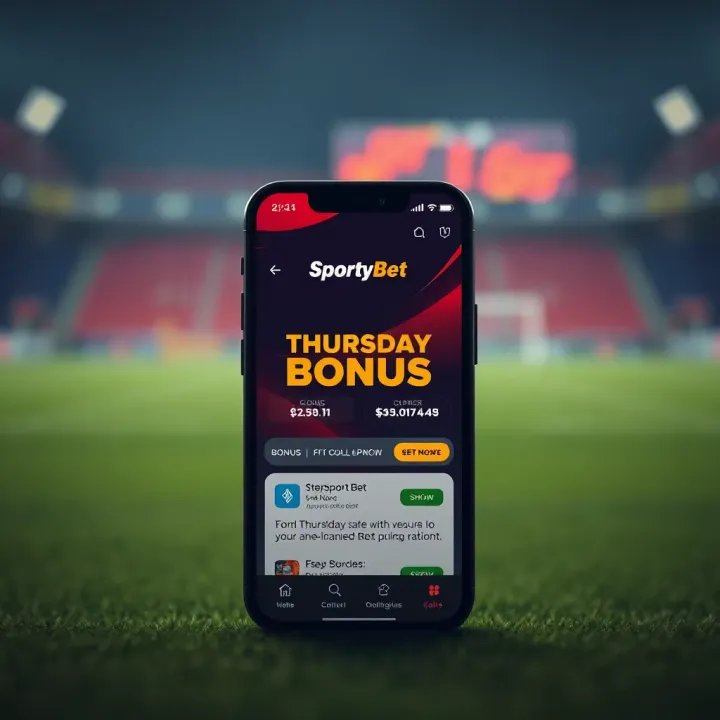 Illustration of a mobile phone screen displaying SportyBet app with highlighted Thursday bonus offer for Nigerian users