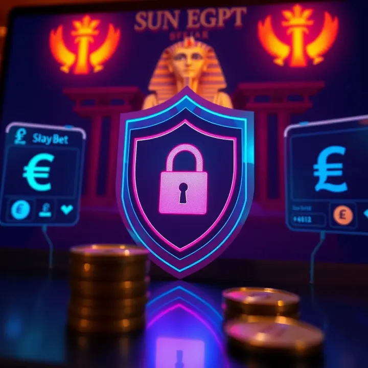 Digital representation of secure online transactions with currency icons and shield