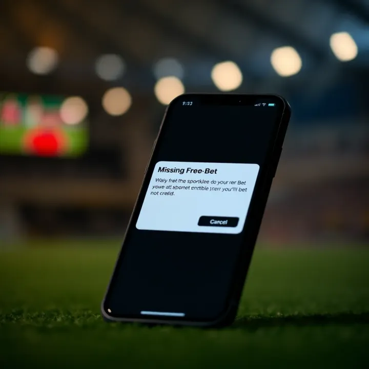 Illustration showing a mobile phone screen displaying a missing free bet notification on a sports betting app