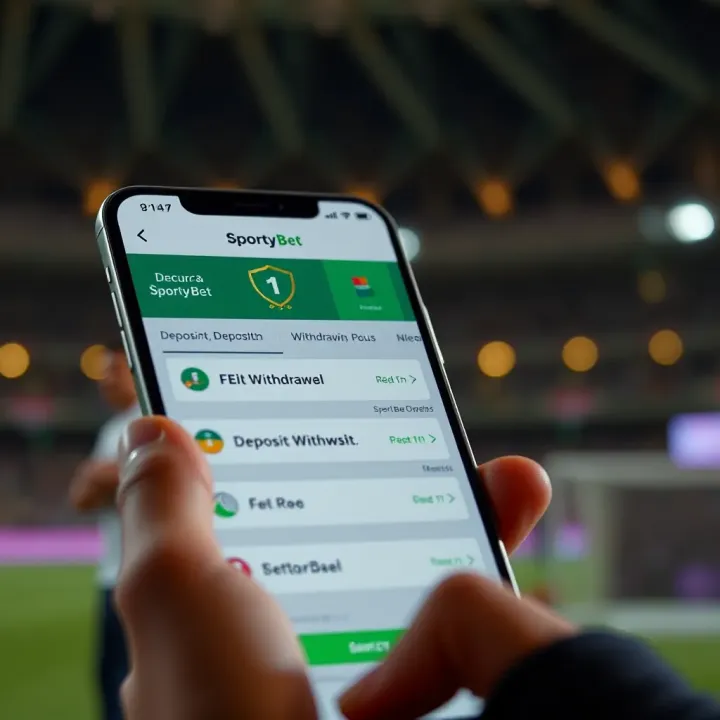 Mobile phone screen displaying deposit and withdrawal options within the SportyBet app