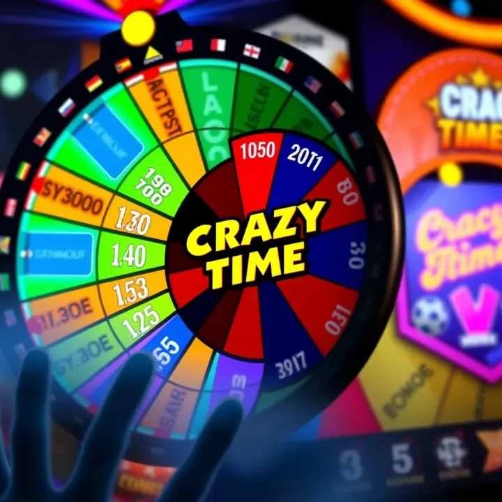 Colorful Crazy Time game wheel with various prize multipliers and bonus segments