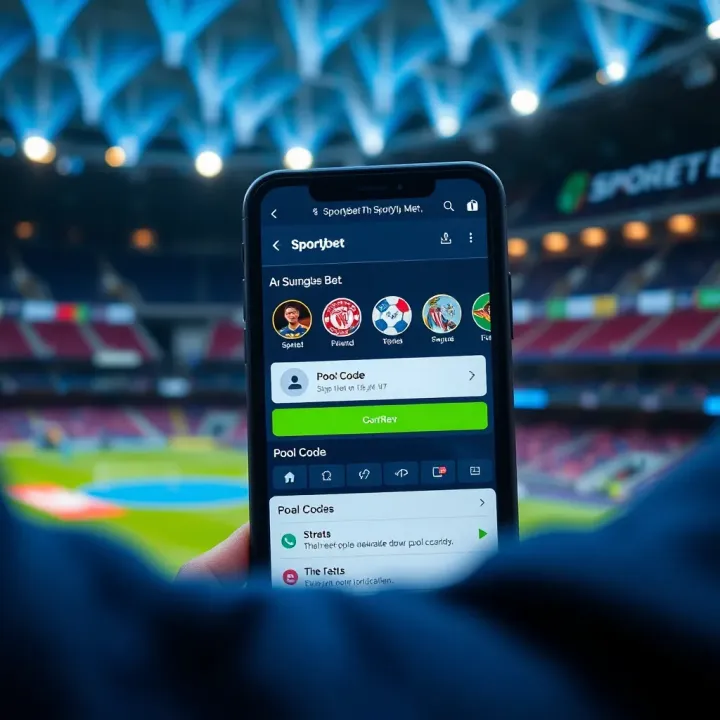SportyBet App Highlighting This Week's Pool Code Illustration showing a smartphone displaying the SportyBet app with highlighted pool code section