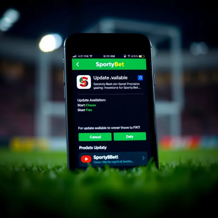 Smartphone screen showing SportyBet app with notification of update available